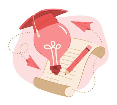 Mezuniyet Şapkalı Ampul Eğitim Konsepti İllüstrasyonu