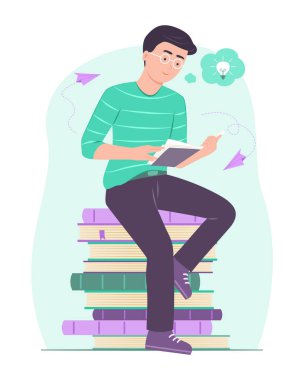 Kitap Yığını Üzerinde Oturan ve Bir Kitap İllüzyonu Okurken Yaratıcı Fikir Düşünen Adam