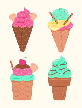 Tatlı ve Tatlı Şekillendirme Klip Sanatı İçin Waffle Cone 'lu Renkli Dondurma