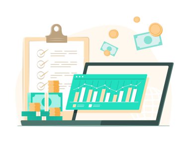 Çevrimiçi Yatırım İllüzyonu İçin Grafik Raporlu Nakit Para Yığını ve Laptop Bilgisayarı