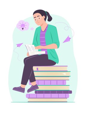Kitap okuyan ve Yaratıcı Düşünen Kadın Eğitim Kitapları Yığını Üzerinde Otururken İllüzyon