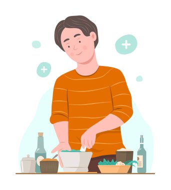 Bitkileri ve diğer organik ilaçları karıştıran genç adam Homeopati İllüstrasyonu için bitkisel ilaç yapıyor.