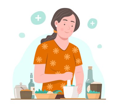 Bitkileri ve diğer organik ilaçları karıştırıp Homeopati İllüstrasyonu İçin Bitkisel İlaç Yapan Genç Kadın