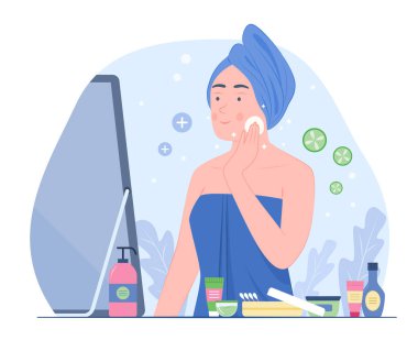 Sağlıklı Kadın Yüzü Temizleyen Aynaya Bakıyor ve Güzellik Cilt Tedavisi İçin Bakım Cildi İllüstrasyon