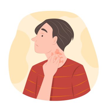 Dermatoloji İllüstrasyonu için ensesinde Dermatit ya da Egzama olan Endişeli Adam