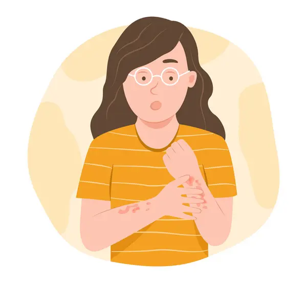 Endişeli Genç Kadın Dermatoloji Hastalığı Kolları İçin Dermatit veya Egzama Alanını Çiziyor