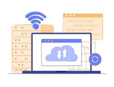 İnternet ve Kablosuz Bağlantı Teknolojisi İllüstrasyonu için Wi-Fi Sinyali ile Bilgisayar Eşleştirme Sunucusu