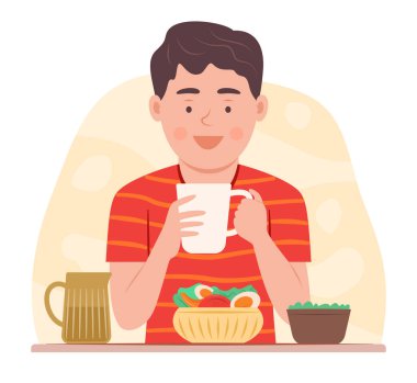 Sağlıklı Yeme ve Sağlıklı Bakım İllüstrasyonu İçin Su İçen ve Yemek Yiyen Genç Çocuk