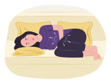 Adet Ağrısı İllüstrasyonu İçin Mide Ağrısı Çeken Kadın Yatağında Uzanıyor