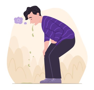 Karın Ağrısı ve Sağlık Bakım İllüstrasyonundan Hasta Adam Kusuyor