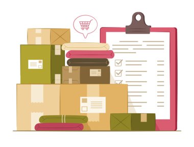 Çevrimiçi Alışveriş ve Nakliye ve Lojistik İllüstrasyon E-Ticaretinden Paket Kutuları ve Pano Yığını