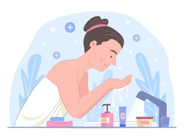 Güzellik Derisi Tedavisi için Yüzünü Saf Suyla yıkayan Sağlıklı Kadın Çizimi