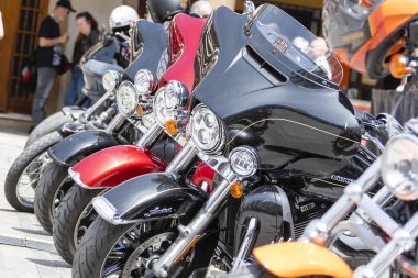 Canlı bir ralli sırasında arka arkaya park etmiş çeşitli stil motosikletleri hem heveslileri hem de seyircileri cezbediyor..