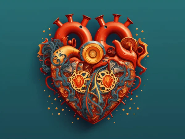 Απόδοση Μεταλλικού Γλυπτού Σχήμα Καρδιάς Κόκκινη Κορδέλα Μπλε Φόντο — Διανυσματικό Αρχείο