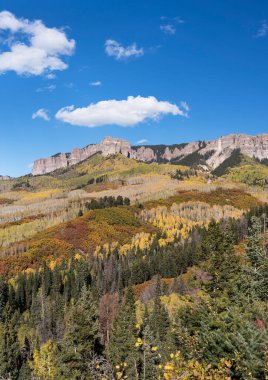 Sonbaharın başlarında Baykuş Deresi Geçidi yakınlarındaki Cimarron Sıradağları, Colorado 'nun güneybatısındaki Baykuş Deresi Geçidi yolundan izleniyor..