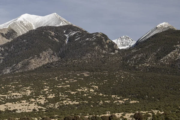 stock image 13,580 Foot Twin Peaks on the viewed from the San Luis Valley.This snow capped mountain is part of the Blanca Mountain Range, south of the Great Sand Dunes National Park.