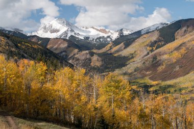 13,300 foot Mount Daly is a dramatic mountain viewed from Snowmass Colorado. Early October colorful aspen trees fill the Snowmass Creek Valley for this morning view.  clipart