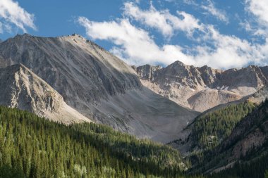 Ashcroft Colorado 'nun hayalet kasabası yakınlarındaki Castle Valley' den görülen engebeli Elk Dağları. Yaz sonlarında vadiden yükselen dramatik dağlarla birlikte. 