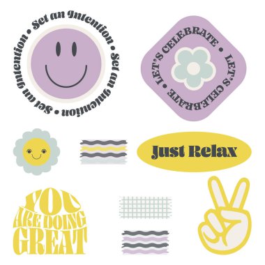 İçinde gülen yüzler, çiçekler ve washi kasetleri olan modaya uygun geçmişe dönük çıkartmalar. Geometrik şekillerde vektör vintage rozetleri.