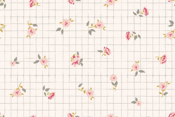 Ditsy Flower Pattern Grunge Checkered Background — Stock Vector