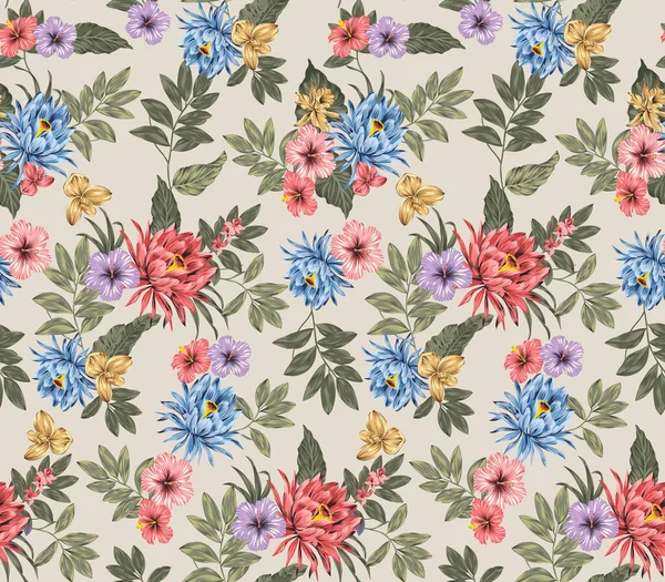 Fantaisie Floraison Motif Sans Couture Avec Fleur Feuilles Colorées Dessinées — Image vectorielle