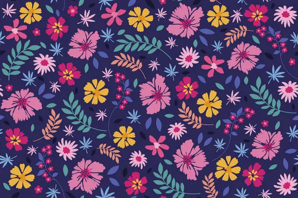 Patrón Retro Sin Costuras Con Flores Coloridas Dibujadas Mano Hojas — Vector de stock