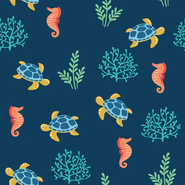 Underwater animal seamless pattern with hand drawn turtle and seahorse