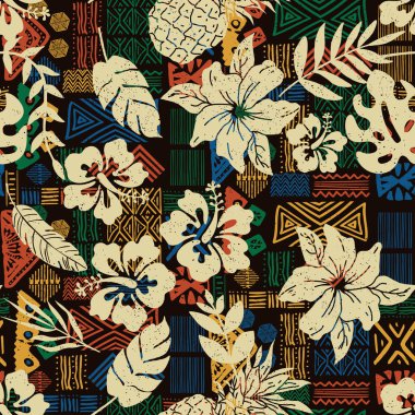El çizimi soyut tropikal motifli etnik kabile yamaları kusursuz desen