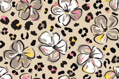Soyut el çizimi çiçekler ve leopar derisi desensiz arkaplan