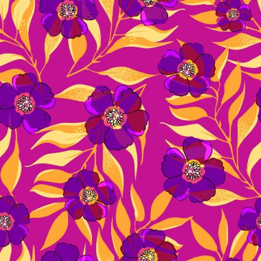 Elle çizilmiş soyut çiçekli doğa arkaplanı ve parlak renkli yapraklar.