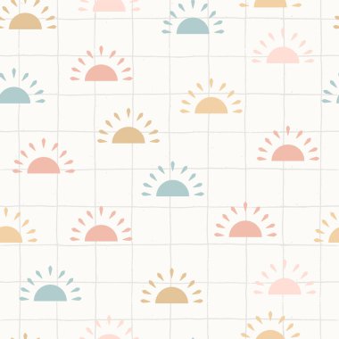 Elle çizilmiş güneş deseni soyut ekoseli arkaplanda kusursuz desen çizer