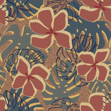 El çizimi soyut, çağdaş egzotik canavar yaprağı ve çiçek kolajı leopar desenli arka planda pürüzsüz desen