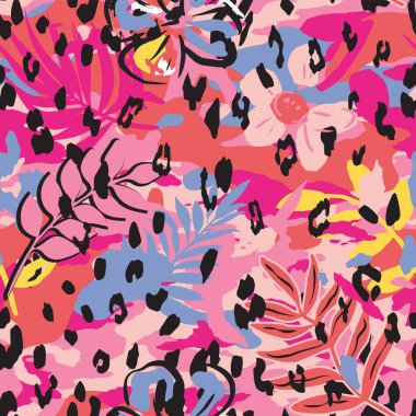 Egzotik el çizimi çiçek ve yapraksız desen soyut arkaplan