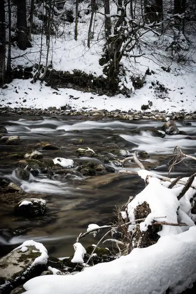 Flowing Water at a icy river with snow