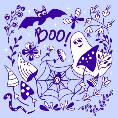 Cadılar Bayramı için içinde hayalet ve yarasa olan tebrik kartı. Mavi renkte karalama biçiminde vektör illüstrasyonu.