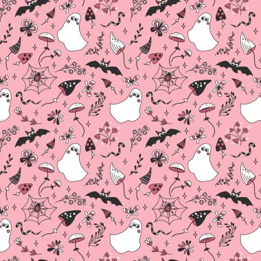 Pembe yarasa ve hayaletli kusursuz desen. Karalama biçiminde vektör rengi illüstrasyonu