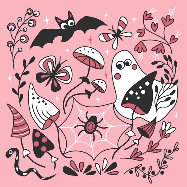 Greeting Card Halloween Ghost Bat Pink Color Vector Illustration Doodle — Stock Vector