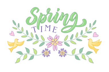Spring Time lettering composition. Floral decorative elements with birds. Vector isolated color illustration in outline style.