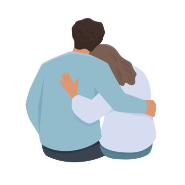 Man and woman are sitting embracing. Back view isolated color vector illustration.