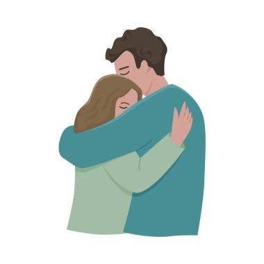 Man and woman are  embracing. Side view isolated color vector illustration.