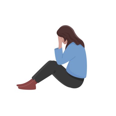 Sad woman is sitting on the floor. Side view vector isolated color illustration.