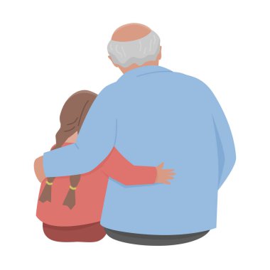Grandfather is hugging a granddaughter. Back view. Vector isolated color illustration.