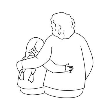 Grandmother is hugging a granddaughter. Back view. Vector isolated illustration in outline style.