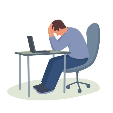 Man is sitting at the table holding his head in his hands.Vector color isolated illustration.