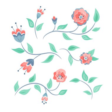 Set of floral elements. Illustrations of branches with leaves and pink flowers. Vector color illustration.