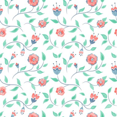 Seamless pattern with pink flowers and green leaves.  Vector color illustration on the  white background.