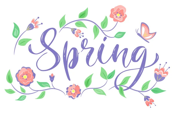 Spring Lettering Composition Flowers Butterfly Vector Color Isolated Illustration — Stockový vektor