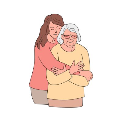 A young woman hugs an elderly woman. Vector color isolated illustration in filled outline style.
