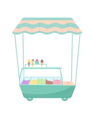 Mobile ice cream counter on the wheels. Vector color isolated illustration.
