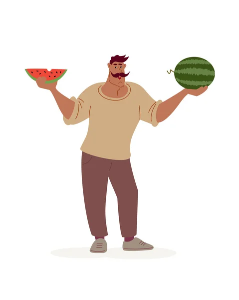 Charmante Man Met Snor Verkoopt Een Meloen Watermeloen Vector Kleur — Stockvector